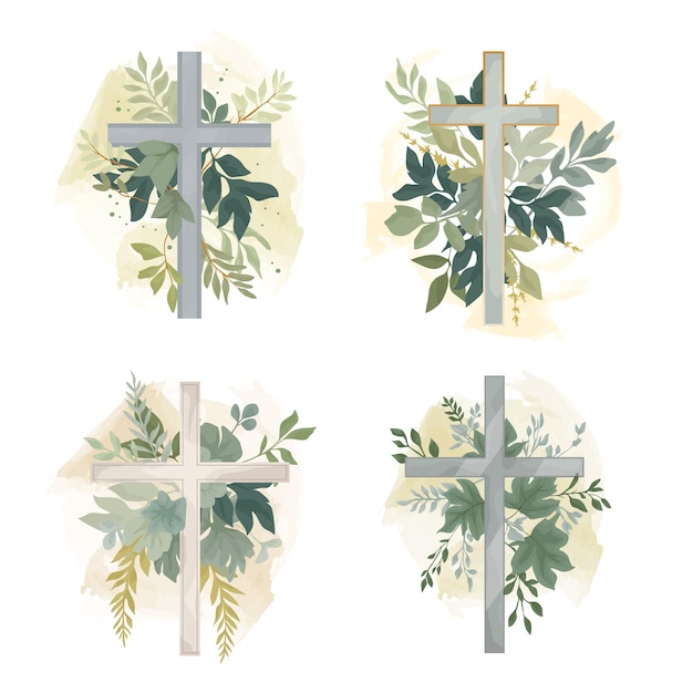 Aquarellblumenkreuz-Set Grafik Osterkreuz Klippart Frühlingsblumenarrangements Taufkreuz