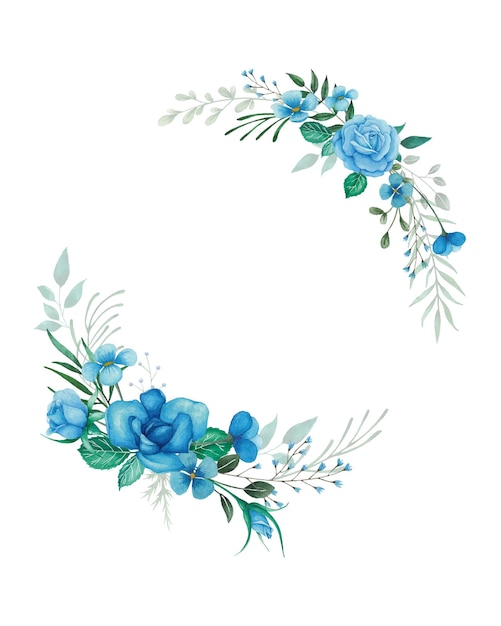 Aquarellblumenrahmen für Hochzeitseinladung mit blauen Rosenknospen und grünen Blättern