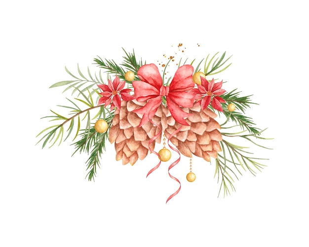 Aquarellblumenstrauß mit Tannenzapfen für Weihnachtsdekoration