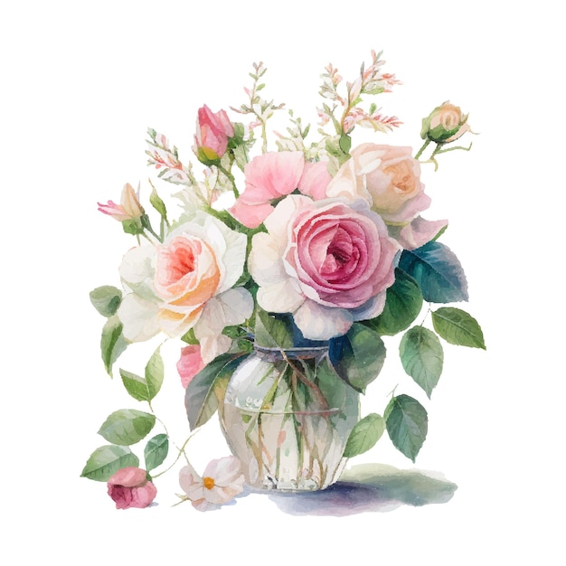 Aquarellblumenstrauß mit wilden rosa und weißen Rosen in der Vase