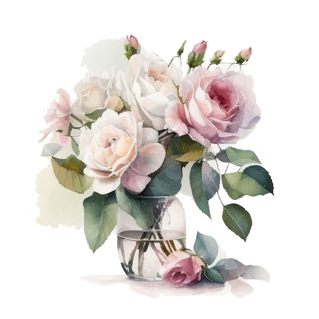 Aquarellblumenstrauß mit wilden rosa und weißen Rosen in der Vase