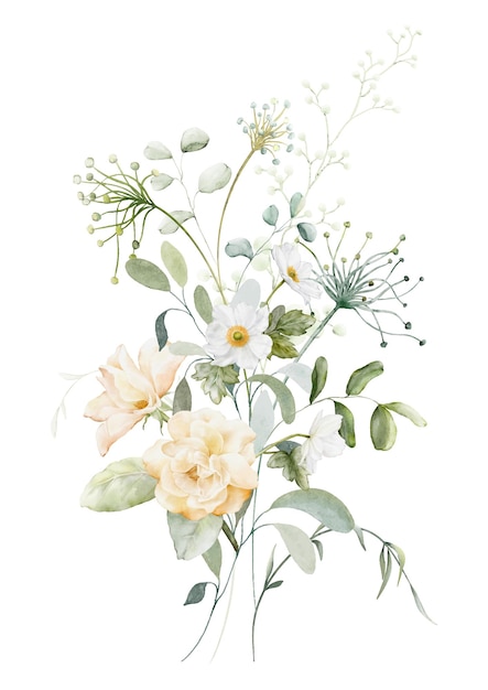 Vektor aquarellblumenzweigelemente botanische sammlung mit blüten und grünen blättern im hintergrund