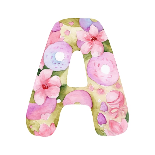 Aquarellbuchstabe A mit Blumen und Süßigkeiten Kinderalphabet
