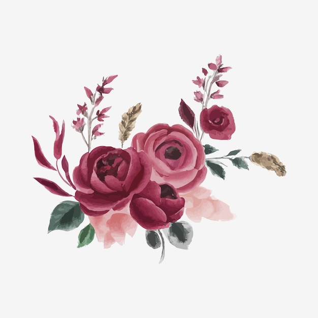 Aquarellfarbene blumensträuße aus rosen und blattdesign