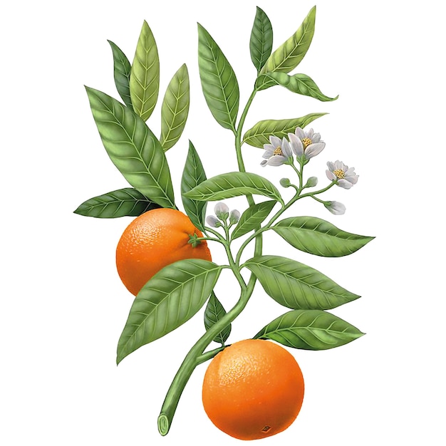 Aquarellfarbener orangefarbener Hintergrund, frische Orange, Orangengetränk, Orangenfrucht mit Blättern auf weißer Wand