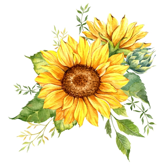 Aquarellfarbener sonnenblumenstrauß mit viel grün, handbemalte sonnenblumen