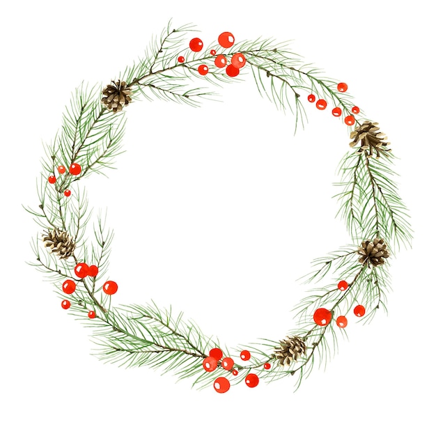 Aquarellfarbener Weihnachtskranz mit Kiefern- oder Tannenzweigen und roter Stechpalmenbeere Handgezeichnete Illustration des Kreisrahmens für Text auf weißem, isoliertem Hintergrund