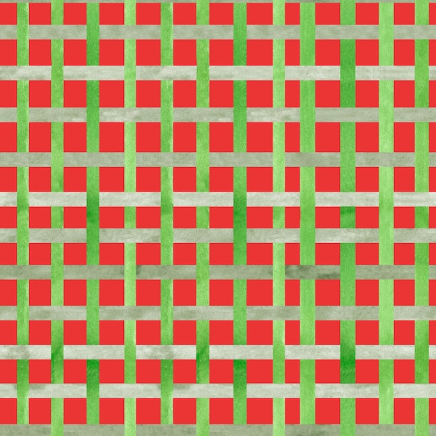 Aquarellfarbenes, nahtloses weihnachtsmuster mit geometrischem grünem käfig auf roter textur der frohen weihnachten