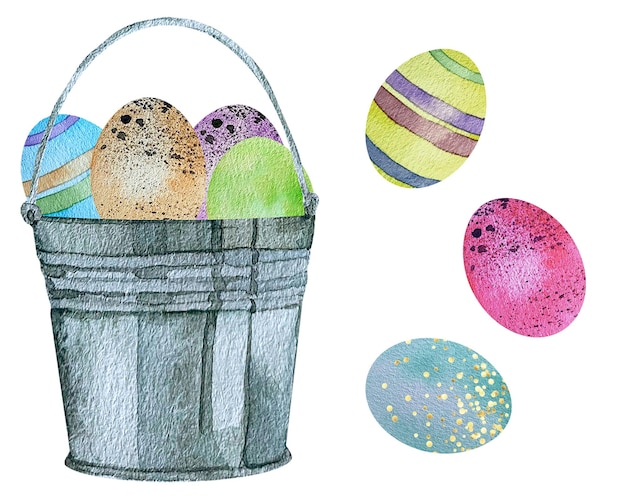 Aquarellfrühling Ostern mit rostigem Eimer mit farbigen Eiern