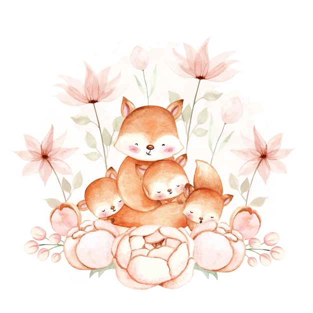 Aquarellfuchs und ihre babys