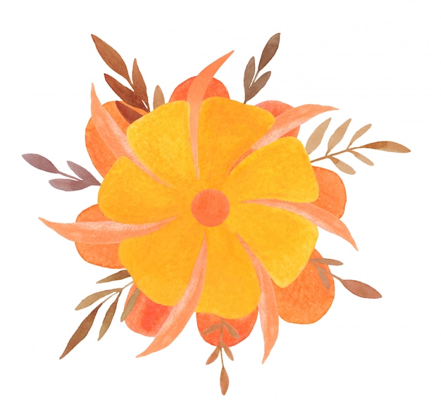 Vektor aquarellgelbe blume mit orange und braunen blättern