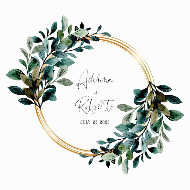 Aquarellgrüner Blattkranz mit goldenem Rahmen