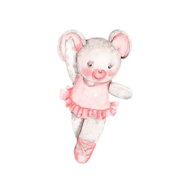 Aquarellhand gezeichnet von der grauen Mäuseballerina im rosa Kleid. Süße tanzende Mäuse.