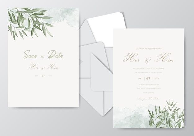 Aquarellhochzeitseinladungs-Kartenschablone mit schönem Laub