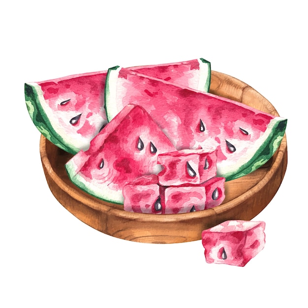 Aquarellholzplatte mit Wassermelonenstücken auf weißem, isoliertem Hintergrund