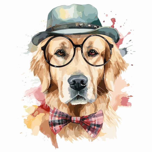 Vektor aquarellhund mit brille, niedliche tierillustration