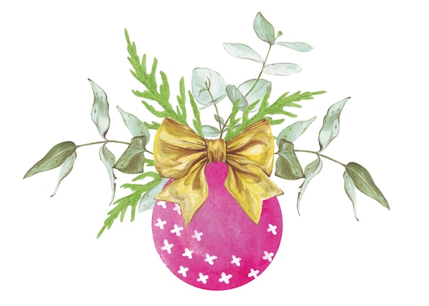 Aquarellillustration auf der themenzusammensetzung des neuen jahres eines rosa weihnachtsballs