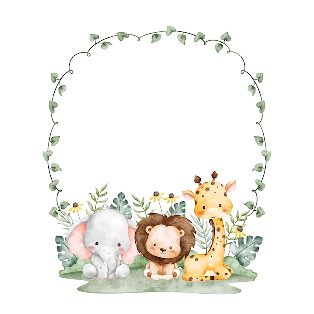 Aquarellillustration Blätterrahmen und Safari-Tieren
