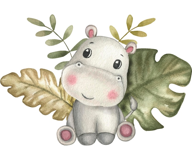 Vektor aquarellillustration der hippo-kompositionskinder