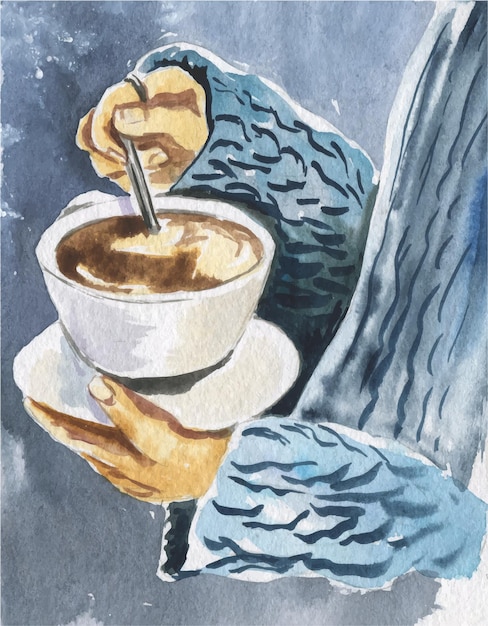 Aquarellillustration der kaffeetasse in den händen