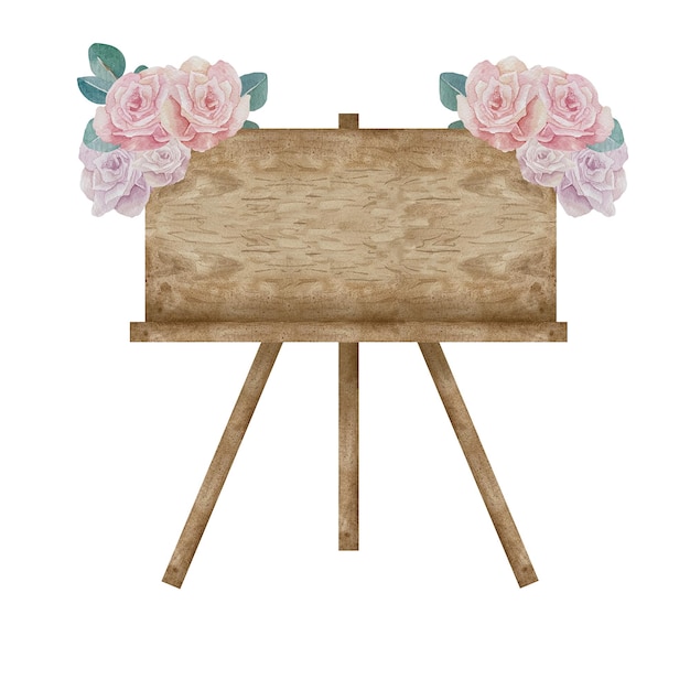 Vektor aquarellillustration des horizontalen hölzernen leeren schildes mit hochzeitskomposition auf der oberseite mit rosen und eukalyptusblättern