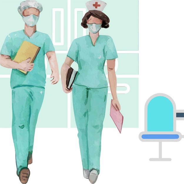 Vektor aquarellillustration des medizinischen personals in einem krankenhaus