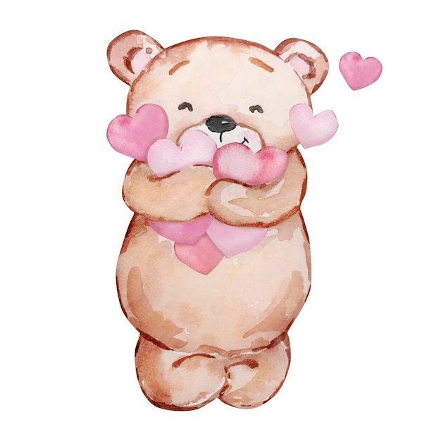 Aquarellillustration des Teddybären mit Herzen Valentinstag