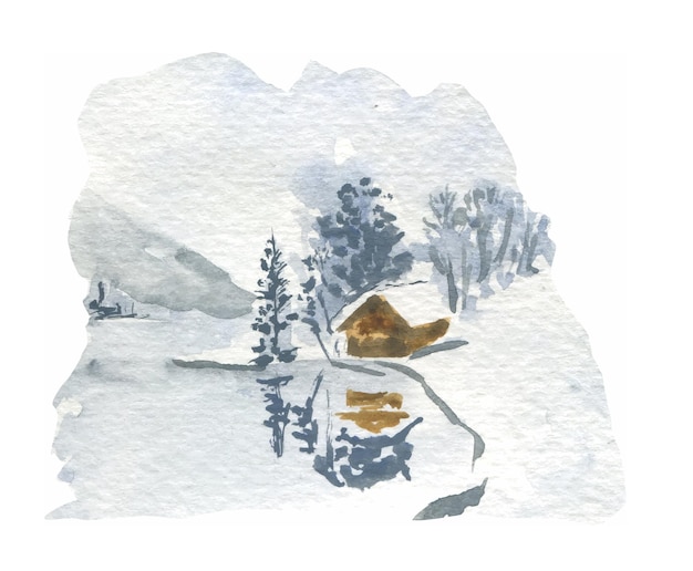 Aquarellillustration einer winterlandschaft eines seehauses im wald