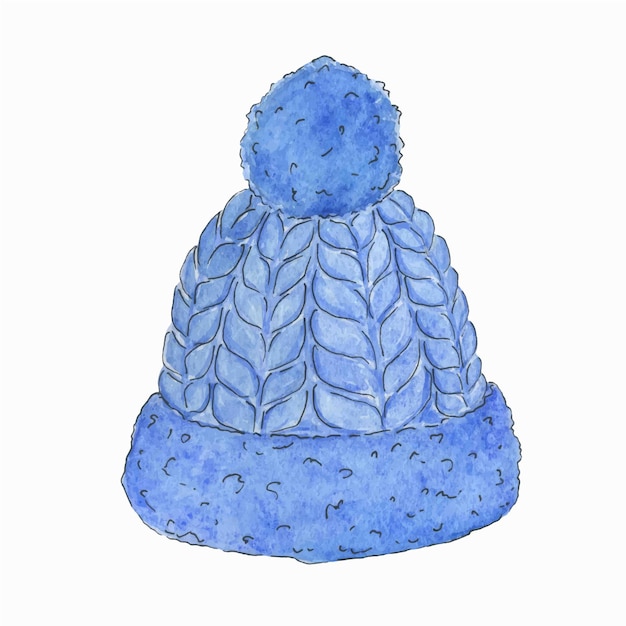 Aquarellillustration eines blauen hutes mit einem pompon.