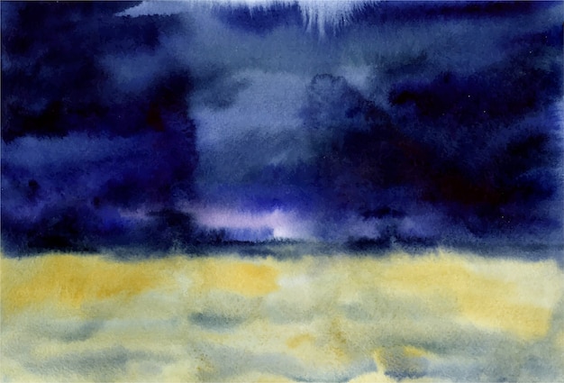 Aquarellillustration eines szenischen schönen Hintergrundweizenfeldes vor einem Gewitter mit dunkelblauem Himmel