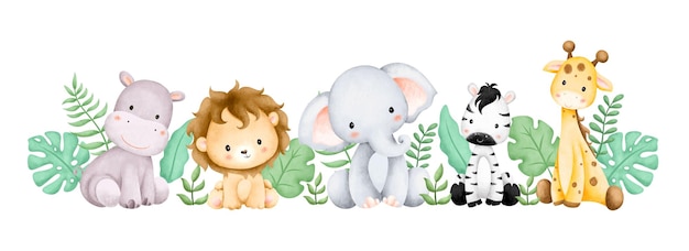 Aquarellillustration Safaritiere und tropische Blätter