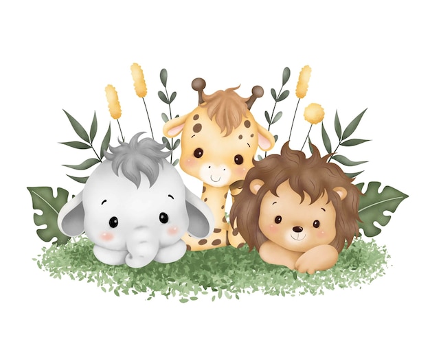 Aquarellillustration Schöne Baby-Safari-Tieren sitzen auf grünem Gras und tropischen Blättern