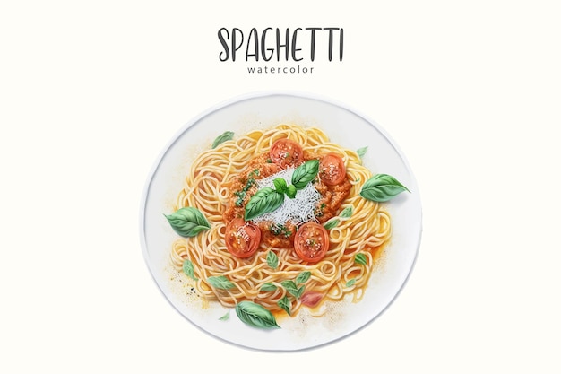Aquarellillustration von Spaghetti auf einem Teller