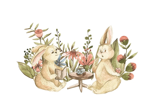 Aquarellillustrationen von zwei Kaninchen an einem Couchtisch