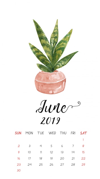 Aquarellkaktus-Kalender für Juni 2019.