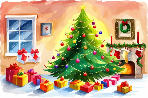 Aquarellkarten-weihnachtsbaum und geschenkboxen in der festlichen raumvektorillustration