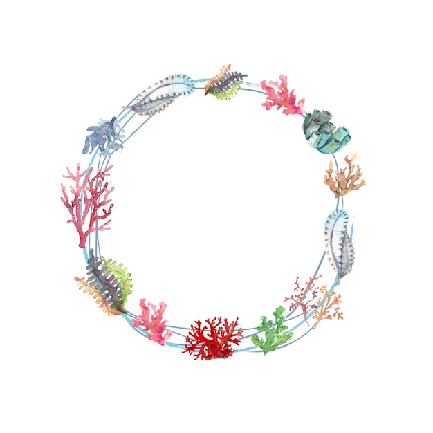 Aquarellkranz aus Unterwasserpflanzen und Korallen