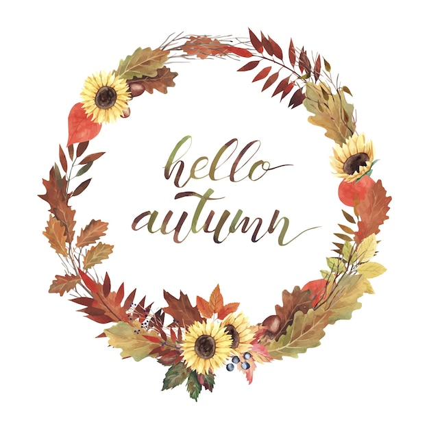 Aquarellkranz mit herbstlaub und beeren. handgeschriebener schriftzug hallo herbst.