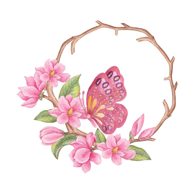 Aquarellkreisrahmen mit magnolienblumen und fliegendem schmetterling