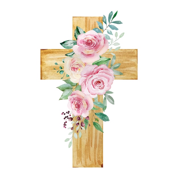 Vektor aquarellkreuz mit rosen dekoriert religiöses ostersymbol