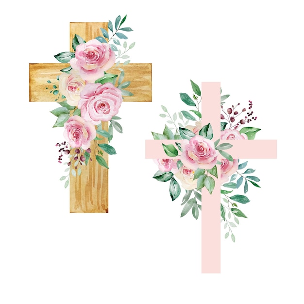 Aquarellkreuze, die mit rosen dekoriert sind religiöses symbol ostern