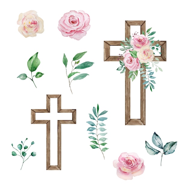 Aquarellkreuze, die mit rosen dekoriert sind religiöses symbol ostern