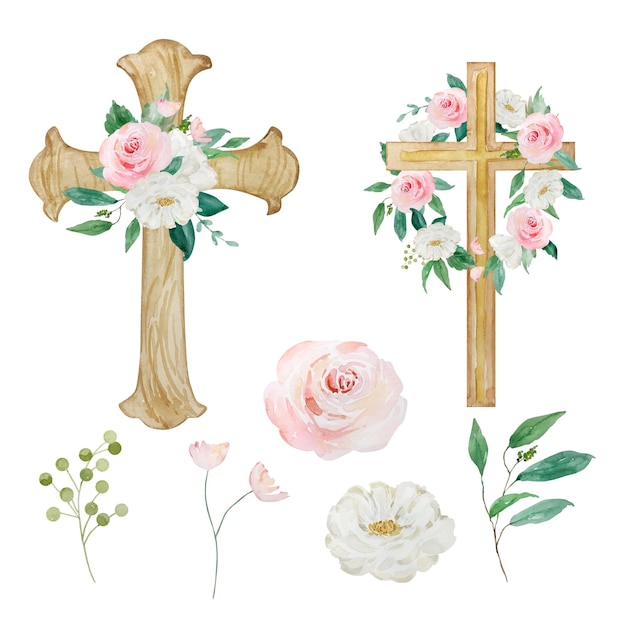 Aquarellkreuze mit blumen dekoriert religiöses symbo zu ostern