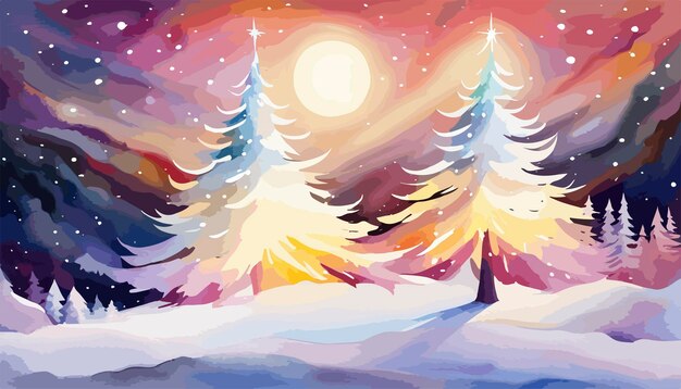 Vektor aquarelllandschaft einer winterszene mit einem schneebedeckten wald oder bergen und komplizierten