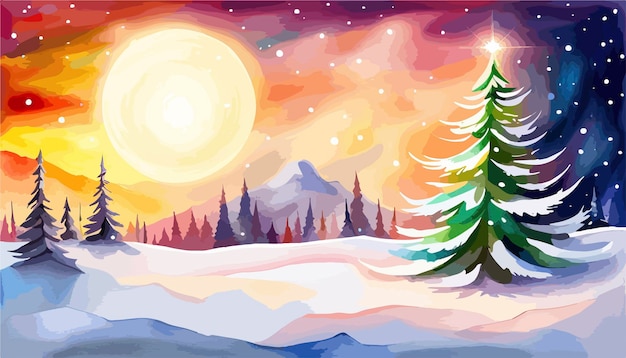 Vektor aquarelllandschaft einer winterszene mit einem schneebedeckten wald oder bergen und komplizierten