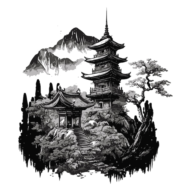 Vektor aquarellmalerei des großen tempels auf dem berg