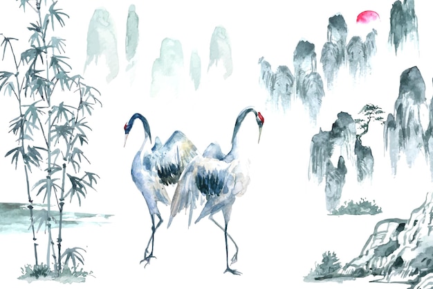 Aquarellmalerei einer Landschaft mit Kranichvögeln im orientalisch-chinesischen Stil