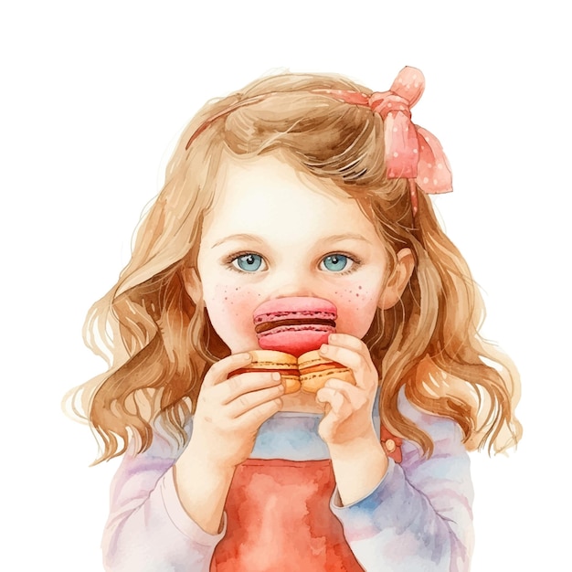 Vektor aquarellmalerei eines kleinen mädchens, das macarons isst