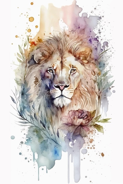 Vektor aquarellmalerei eines löwen mit einer blume.