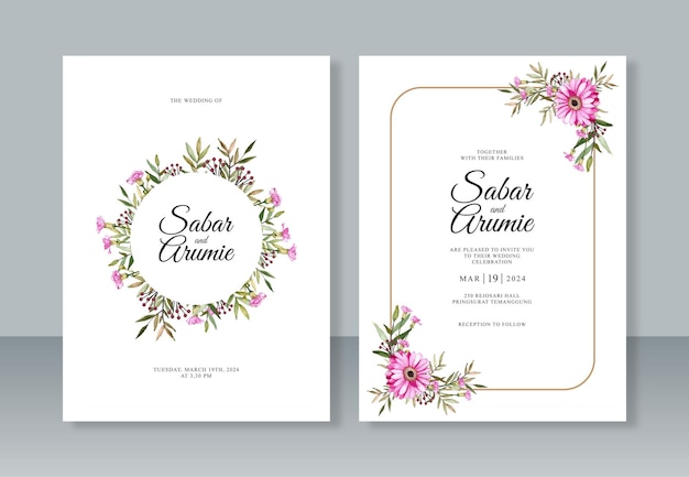 Aquarellmalerei von blättern und blumen für hochzeitseinladungsschablone